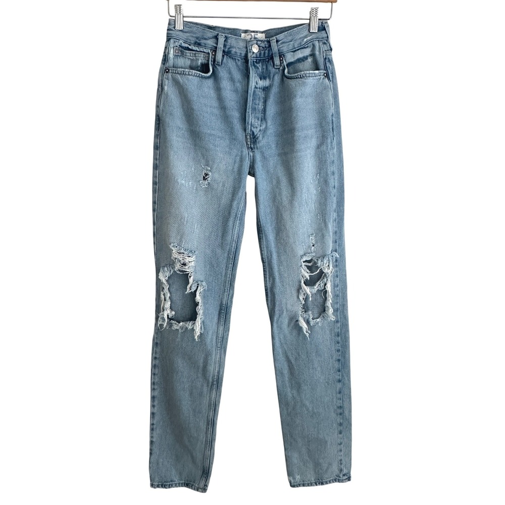 Free People High Rise Straight Jeans 25 Light Wash Distressed Ripped Button‎ Fly